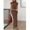 image:imageMakeMeChic Womens 2 Piece Knit Outfit Mock Neck Short Sleeve Crop Top and Maxi Skirt Matching SetBrown