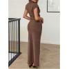 image:imageMakeMeChic Womens 2 Piece Knit Outfit Mock Neck Short Sleeve Crop Top and Maxi Skirt Matching SetBrown