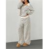 image:imageMakeMeChic Womens 2 Piece Sets Striped Long Sleeve Collared Tops Shirt Wide Leg Pants Fall OutfitsBlack and White