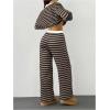 image:imageMakeMeChic Womens 2 Piece Sets Striped Long Sleeve Collared Tops Shirt Wide Leg Pants Fall OutfitsBrown