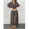 image:imageMakeMeChic Womens 2 Piece Sets Striped Long Sleeve Collared Tops Shirt Wide Leg Pants Fall OutfitsBrown