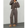image:imageMakeMeChic Womens 2 Piece Sets Striped Long Sleeve Collared Tops Shirt Wide Leg Pants Fall OutfitsBrown