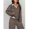 image:imageMakeMeChic Womens 2 Piece Sets Striped Long Sleeve Collared Tops Shirt Wide Leg Pants Fall OutfitsBrown