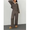 image:imageMakeMeChic Womens 2 Piece Sets Striped Long Sleeve Collared Tops Shirt Wide Leg Pants Fall OutfitsBrown