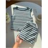 image:imageMakeMeChic Womens 2 Piece Striped Sets Two Piece Vacation Going Out Outfit Crop Tank Top and Mini Shorts SetsLight Blue