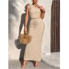 image:imageMakeMeChic Womens 2 Piece Summer Outfit Striped One Shoulder Crop Tops and Drawstring Maxi Skirt SetBeige