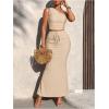 image:imageMakeMeChic Womens 2 Piece Summer Outfit Striped One Shoulder Crop Tops and Drawstring Maxi Skirt SetBeige