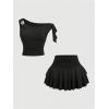 image:imageMakeMeChic Womens 2 Piece Summer Outfits Brown Metal 3D Floral Asymmetrical Tops and Ruffle Tiered Mini Skirt SetsBlack