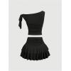 image:imageMakeMeChic Womens 2 Piece Summer Outfits Brown Metal 3D Floral Asymmetrical Tops and Ruffle Tiered Mini Skirt SetsBlack