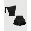 image:imageMakeMeChic Womens 2 Piece Summer Outfits Brown Metal 3D Floral Asymmetrical Tops and Ruffle Tiered Mini Skirt SetsBlack