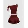 image:imageMakeMeChic Womens 2 Piece Summer Outfits Brown Metal 3D Floral Asymmetrical Tops and Ruffle Tiered Mini Skirt SetsBurgundy