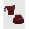 image:imageMakeMeChic Womens 2 Piece Summer Outfits Brown Metal 3D Floral Asymmetrical Tops and Ruffle Tiered Mini Skirt SetsBurgundy