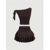 image:imageMakeMeChic Womens 2 Piece Summer Outfits Brown Metal 3D Floral Asymmetrical Tops and Ruffle Tiered Mini Skirt SetsCoffee Brown