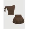 image:imageMakeMeChic Womens 2 Piece Summer Outfits Brown Metal 3D Floral Asymmetrical Tops and Ruffle Tiered Mini Skirt SetsKhaki