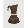 image:imageMakeMeChic Womens 2 Piece Summer Outfits Brown Metal 3D Floral Asymmetrical Tops and Ruffle Tiered Mini Skirt SetsKhaki
