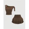 image:imageMakeMeChic Womens 2 Piece Summer Outfits Brown Metal 3D Floral Asymmetrical Tops and Ruffle Tiered Mini Skirt SetsKhaki