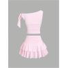 image:imageMakeMeChic Womens 2 Piece Summer Outfits Brown Metal 3D Floral Asymmetrical Tops and Ruffle Tiered Mini Skirt SetsPink