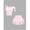 image:imageMakeMeChic Womens 2 Piece Summer Outfits Brown Metal 3D Floral Asymmetrical Tops and Ruffle Tiered Mini Skirt SetsPink
