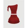 image:imageMakeMeChic Womens 2 Piece Summer Outfits Brown Metal 3D Floral Asymmetrical Tops and Ruffle Tiered Mini Skirt SetsRed
