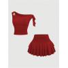 image:imageMakeMeChic Womens 2 Piece Summer Outfits Brown Metal 3D Floral Asymmetrical Tops and Ruffle Tiered Mini Skirt SetsRed