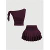 image:imageMakeMeChic Womens 2 Piece Summer Outfits Brown Metal 3D Floral Asymmetrical Tops and Ruffle Tiered Mini Skirt SetsRed Violet