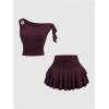 image:imageMakeMeChic Womens 2 Piece Summer Outfits Brown Metal 3D Floral Asymmetrical Tops and Ruffle Tiered Mini Skirt SetsRed Violet