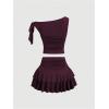 image:imageMakeMeChic Womens 2 Piece Summer Outfits Brown Metal 3D Floral Asymmetrical Tops and Ruffle Tiered Mini Skirt SetsRed Violet