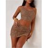 image:imageMakeMeChic Womens 2 Piece Summer Outfits Glitter Sequin Tie Open Back Halter Crop Top and Mini Skirts Party SetKhaki