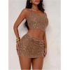image:imageMakeMeChic Womens 2 Piece Summer Outfits Glitter Sequin Tie Open Back Halter Crop Top and Mini Skirts Party SetKhaki