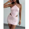 image:imageMakeMeChic Womens 2 Piece Summer Outfits Sparkly Glitter Sequin Halter Crop Top and Bodycon Mini Skirt SetsPink