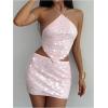 image:imageMakeMeChic Womens 2 Piece Summer Outfits Sparkly Glitter Sequin Halter Crop Top and Bodycon Mini Skirt SetsPink