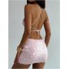 image:imageMakeMeChic Womens 2 Piece Summer Outfits Sparkly Glitter Sequin Halter Crop Top and Bodycon Mini Skirt SetsPink