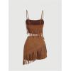 image:imageMakeMeChic Womens 2 Piece Summer Outfits Suede Fringe Sleeveless Cami Top and Shorts Cowgirl SetsBrown