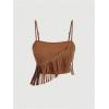 image:imageMakeMeChic Womens 2 Piece Summer Outfits Suede Fringe Sleeveless Cami Top and Shorts Cowgirl SetsBrown
