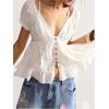 image:imageMakeMeChic Womens Boho Puff Sleeve Blouse Lace Trim Button Down Deep V Neck Casual Shirt Going Out TopWhite
