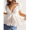 image:imageMakeMeChic Womens Boho Puff Sleeve Blouse Lace Trim Button Down Deep V Neck Casual Shirt Going Out TopWhite