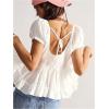 image:imageMakeMeChic Womens Boho Puff Sleeve Blouse Lace Trim Button Down Deep V Neck Casual Shirt Going Out TopWhite