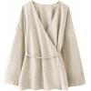 image:imageMakeMeChic Womens Casual Fall Linen Tops Wrap V Neck Belted Long Sleeve Blouse Office ShirtApricot