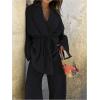 image:imageMakeMeChic Womens Casual Fall Linen Tops Wrap V Neck Belted Long Sleeve Blouse Office ShirtBlack