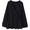 image:imageMakeMeChic Womens Casual Fall Linen Tops Wrap V Neck Belted Long Sleeve Blouse Office ShirtBlack