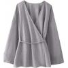 image:imageMakeMeChic Womens Casual Fall Linen Tops Wrap V Neck Belted Long Sleeve Blouse Office ShirtGrey