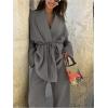 image:imageMakeMeChic Womens Casual Fall Linen Tops Wrap V Neck Belted Long Sleeve Blouse Office ShirtGrey