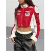 image:imageMakeMeChic Womens Colorblock Full Zip Jacket Long Sleeve Crop Racing Motorcycle JacketsRed