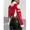 image:imageMakeMeChic Womens Colorblock Full Zip Jacket Long Sleeve Crop Racing Motorcycle JacketsRed