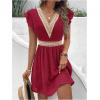 image:imageMakeMeChic Womens Contrast Lace Mini Dress Ruffle Sleeve V Neck Boho Beach Vacation Summer DressesBurgundy