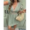 image:imageMakeMeChic Womens Contrast Lace Mini Dress Ruffle Sleeve V Neck Boho Beach Vacation Summer DressesGreen