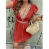 image:imageMakeMeChic Womens Contrast Lace Mini Dress Ruffle Sleeve V Neck Boho Beach Vacation Summer DressesRose Red