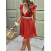 image:imageMakeMeChic Womens Contrast Lace Mini Dress Ruffle Sleeve V Neck Boho Beach Vacation Summer DressesRose Red