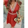 image:imageMakeMeChic Womens Contrast Lace Mini Dress Ruffle Sleeve V Neck Boho Beach Vacation Summer DressesRose Red