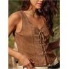 image:imageMakeMeChic Womens Corset Floral Embroidery Faux Suede Renaissance Costume Lace up Front Vest TopsBrown